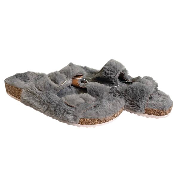 Womens Open Toe Buckle Strap Slip-On Faux Fur Cork Slide Sandals Gray Size 10 - Picture 1 of 9